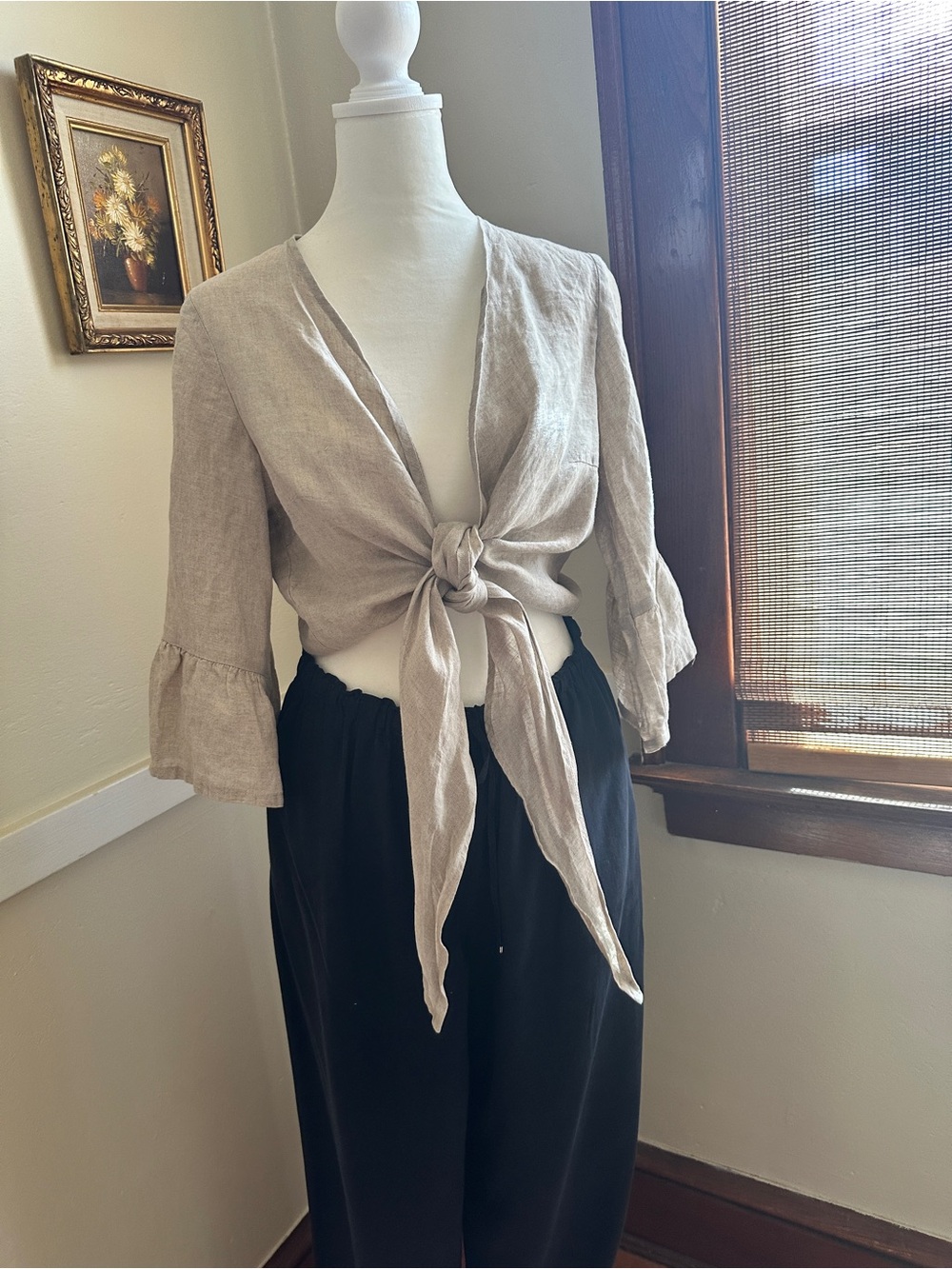 Tie-Front Crop Top in Light Beige 100% Linen Made in Italy